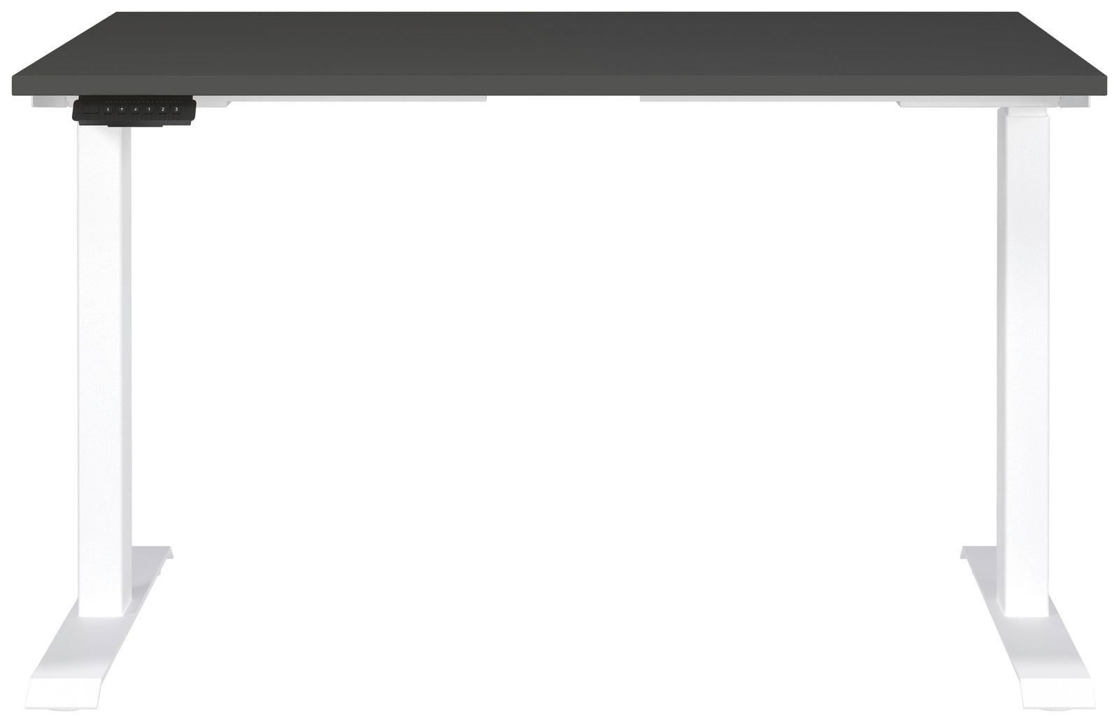 Elektrisch höhenverstellbarer Schreibtisch mit schwarzer Tischplatte und weißen Beinen, Frontalansicht