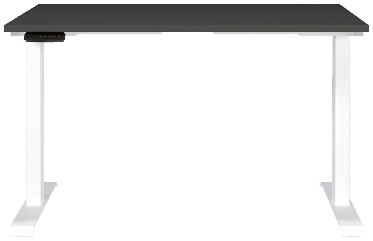 Elektrisch höhenverstellbarer Schreibtisch mit schwarzer Tischplatte und weißen Beinen, Frontalansicht