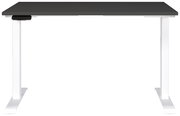 Elektrisch höhenverstellbarer Schreibtisch mit schwarzer Tischplatte und weißen Beinen, Frontalansicht