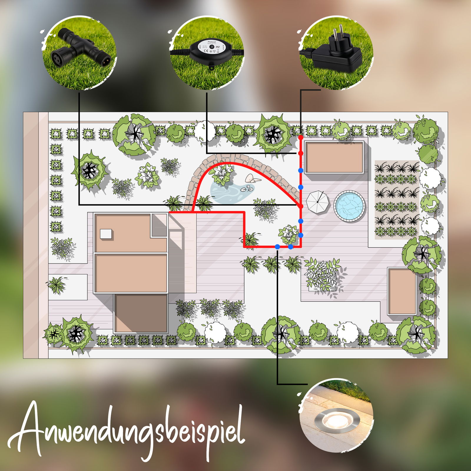 Gartenplan mit Edelstahl-Erweiterungsset, Vogelperspektive, zeigt Installationsbeispiele mit Steckverbindungen und Beleuchtung.