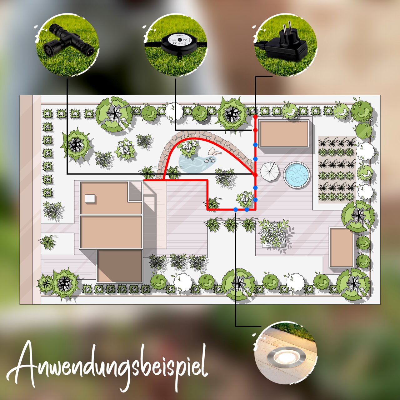 Gartenplan mit Edelstahl-Erweiterungsset, Vogelperspektive, zeigt Installationsbeispiele mit Steckverbindungen und Beleuchtung.
