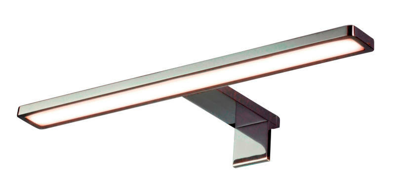 LED-Aufsatzleuchte in seitlicher Perspektive, modernes Design mit rechteckigem Leuchtkörper und Wandhalterung.