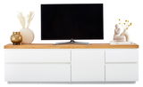 TV-Lowboard in Weiß mit Holzoberfläche, dekoriert mit Vasen und einer Skulptur, frontal betrachtet.