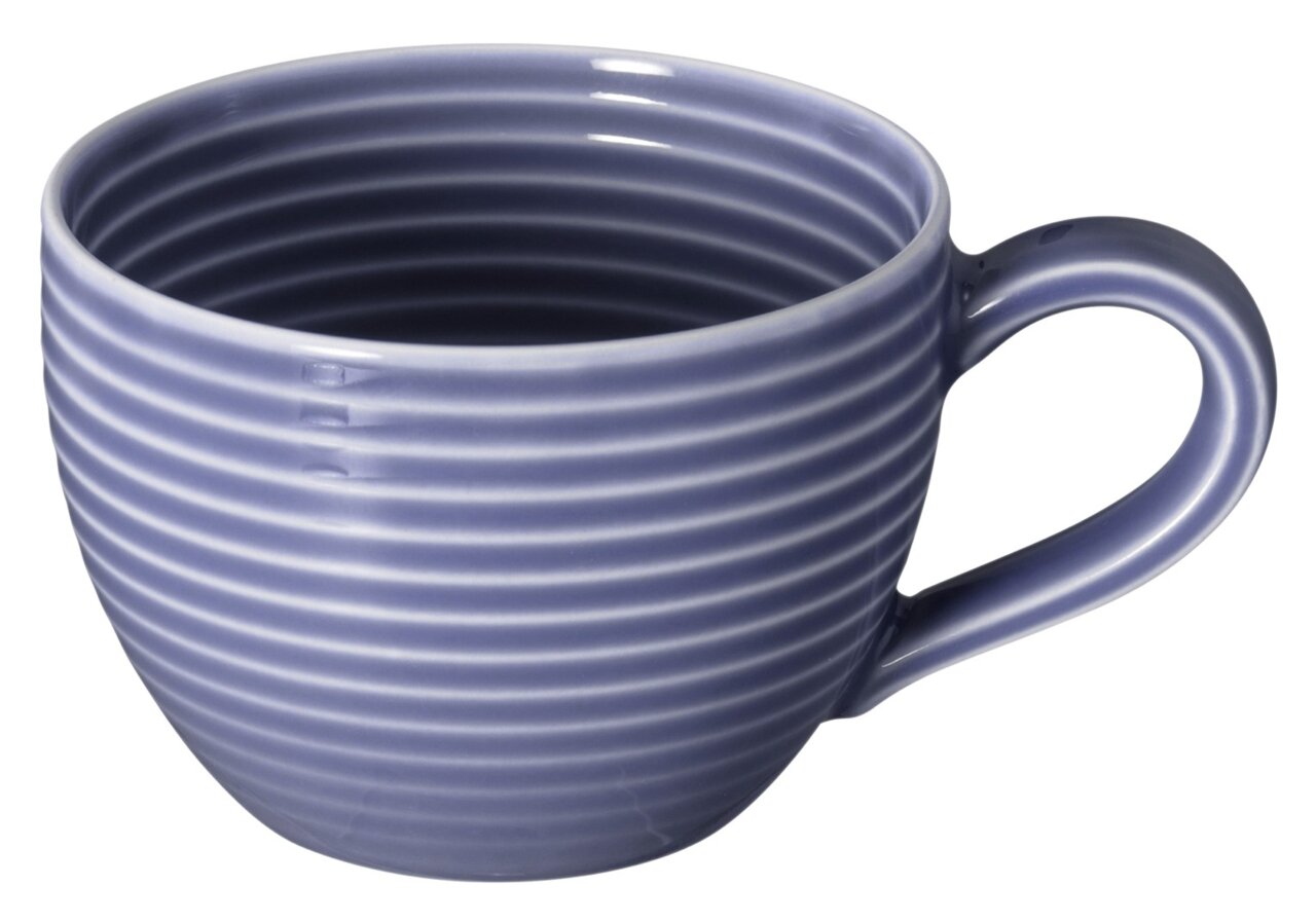 Blauw espressokopje met geribbeld patroon, zijaanzicht