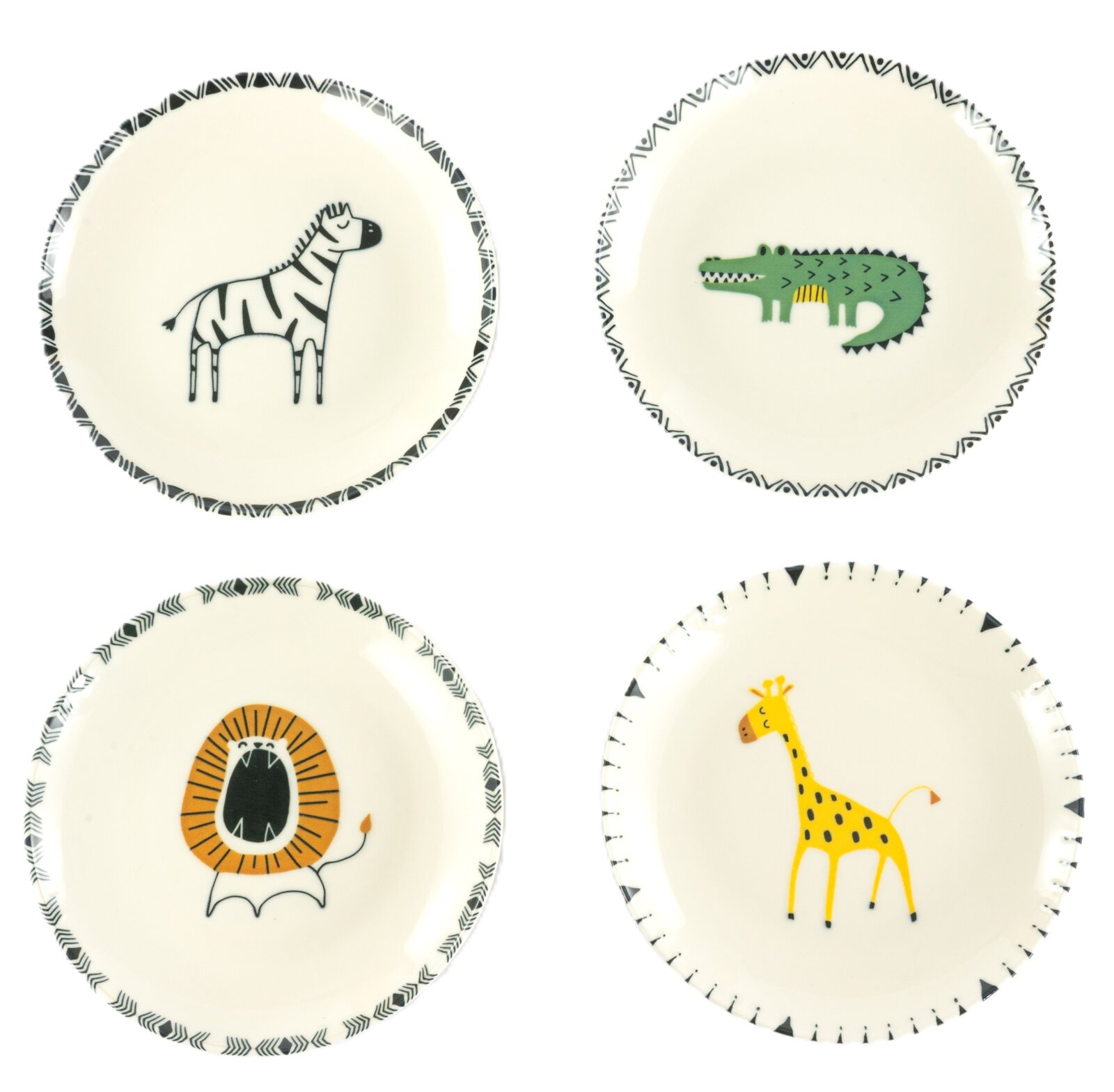 creaTable Teller-Set 4-tlg SAFARI Draufsicht auf vier runde, weiße Kinderteller mit schwarz gemustertem Rand und Tiermotiven (Zebra, Krokodil, Löwe, Giraffe) auf weißem Hintergrund