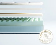 Querschnitt einer Jugendmatratze mit mehreren Schichten, darunter eine grüne Schaumstoffschicht mit Wellenstruktur. Perspektive von der Seite.