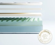 Querschnitt einer Jugendmatratze mit mehreren Schichten, darunter eine grüne Schaumstoffschicht mit Wellenstruktur. Perspektive von der Seite.