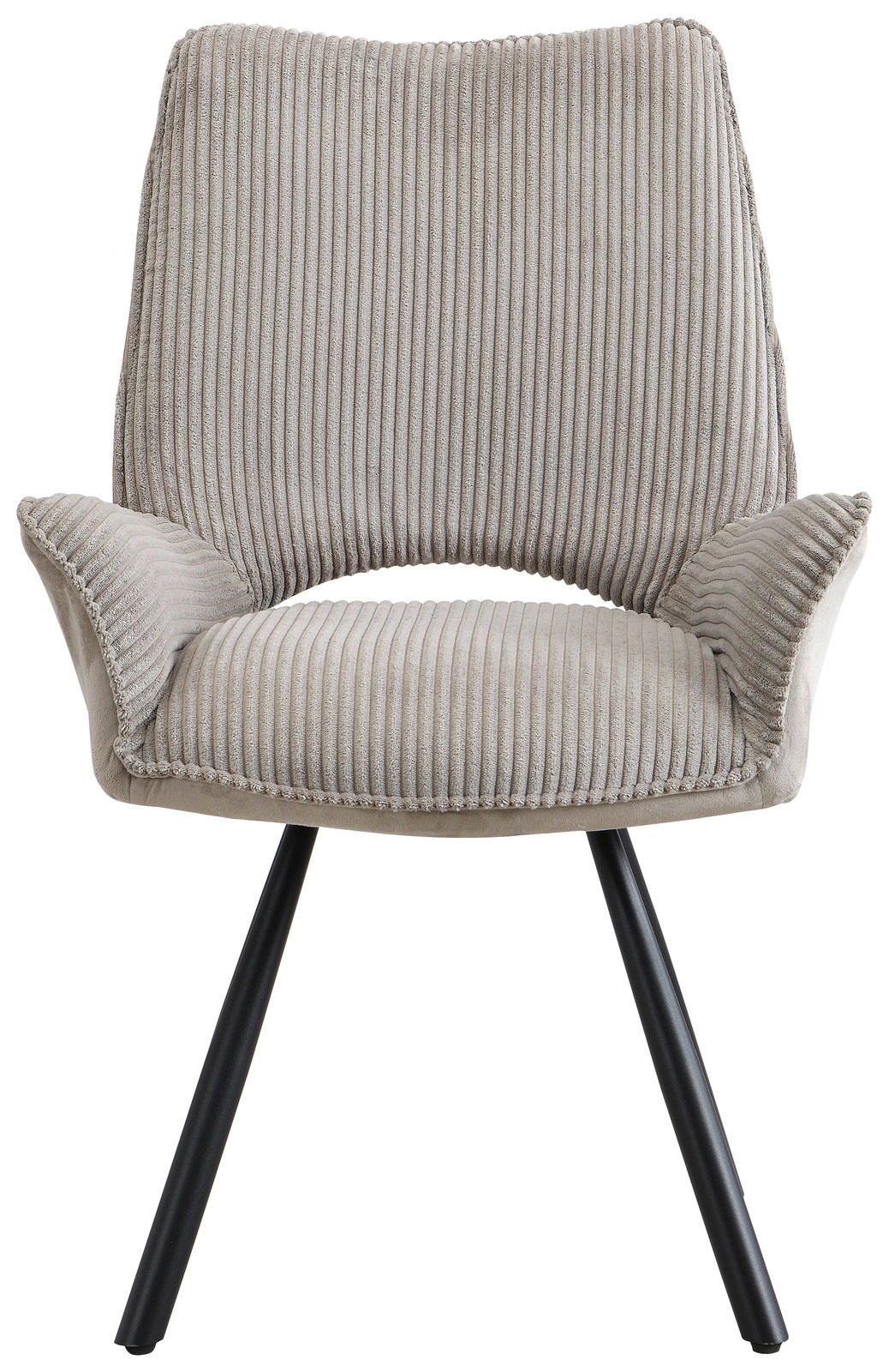 Grauer Armlehnstuhl mit geripptem Stoffbezug und schwarzen Metallbeinen, Frontalansicht