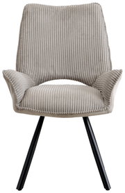Grauer Armlehnstuhl mit geripptem Stoffbezug und schwarzen Metallbeinen, Frontalansicht