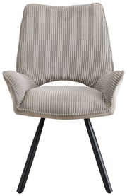 Grauer Armlehnstuhl mit geripptem Stoffbezug und schwarzen Metallbeinen, Frontalansicht