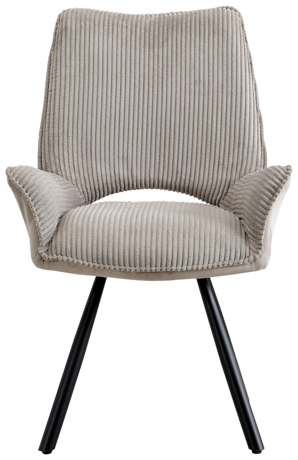 Grijze fauteuil met geribbelde stoffen bekleding en zwarte metalen poten, vooraanzicht