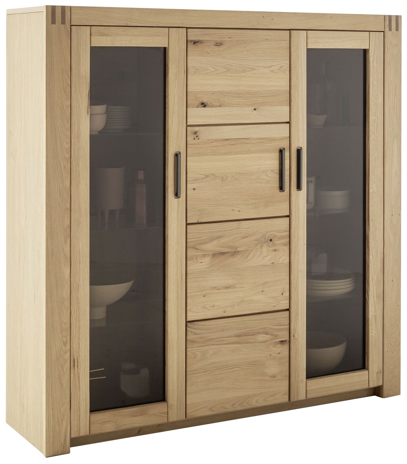 Z2 Highboard PRAG Hochwertiges Highboard aus Holz mit zwei Glastüren und mittlerer Schubladenreihe, seitliche Perspektive