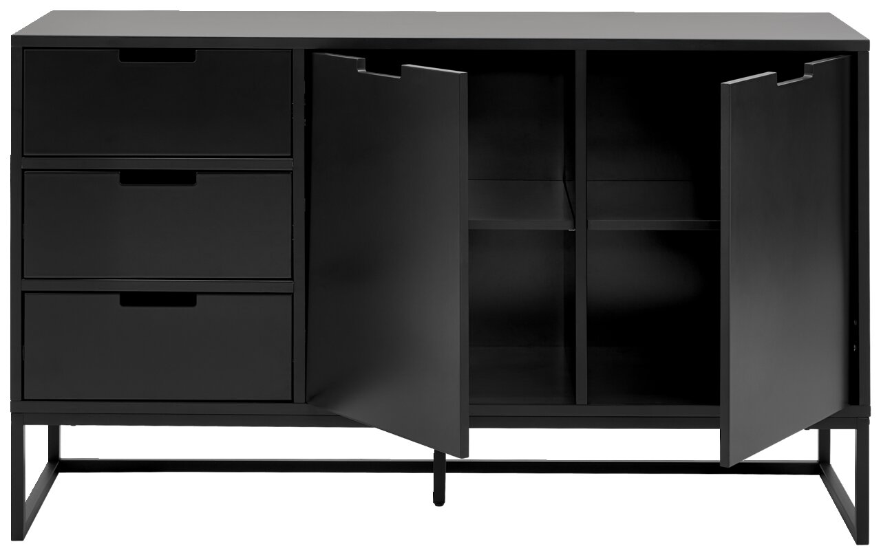 Schwarzes Sideboard mit drei Schubladen auf der linken Seite und zwei offenen Türen auf der rechten Seite, frontal betrachtet.