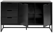 Schwarzes Sideboard mit drei Schubladen auf der linken Seite und zwei offenen Türen auf der rechten Seite, frontal betrachtet.