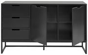 Schwarzes Sideboard mit drei Schubladen auf der linken Seite und zwei offenen Türen auf der rechten Seite, frontal betrachtet.