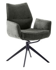 Moderner Armlehnstuhl mit schwarzem Metallgestell und grauem Stoffbezug, seitliche Perspektive