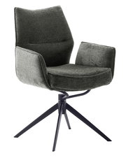 Moderner Armlehnstuhl mit schwarzem Metallgestell und grauem Stoffbezug, seitliche Perspektive