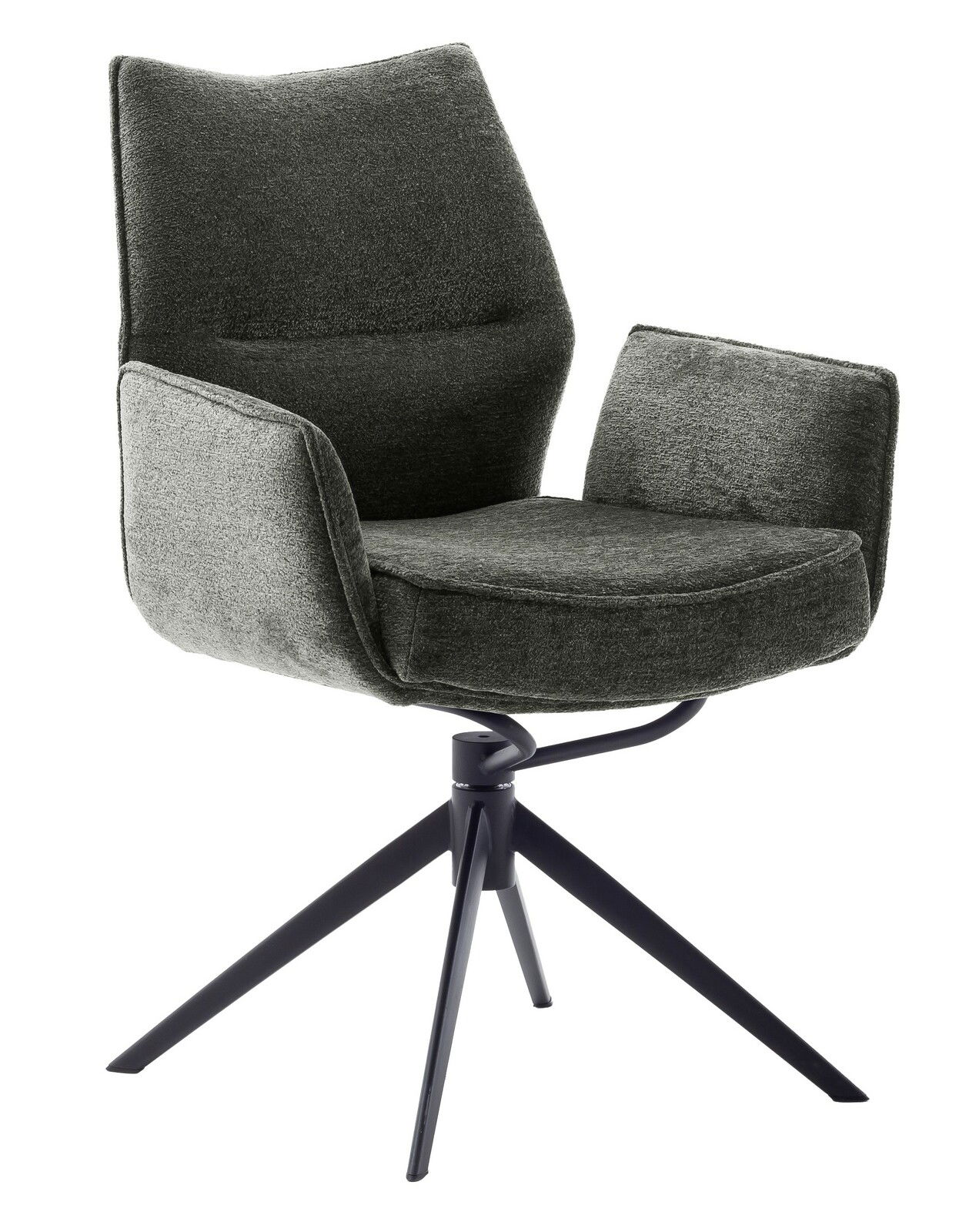 Moderner Armlehnstuhl mit schwarzem Metallgestell und grauem Stoffbezug, seitliche Perspektive