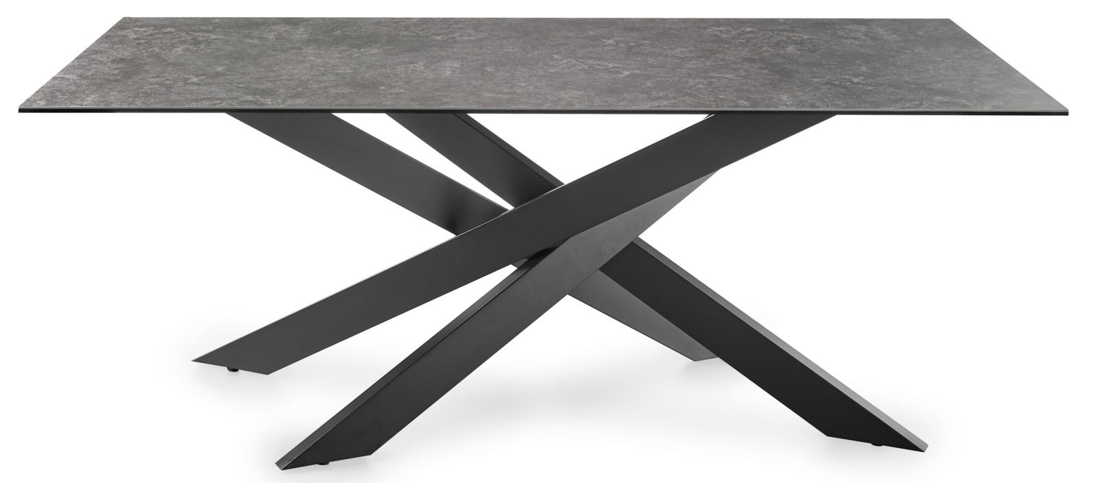 Moderner Esstisch mit schwarzer, gekreuzter Metallbasis und grauer Tischplatte, seitliche Perspektive