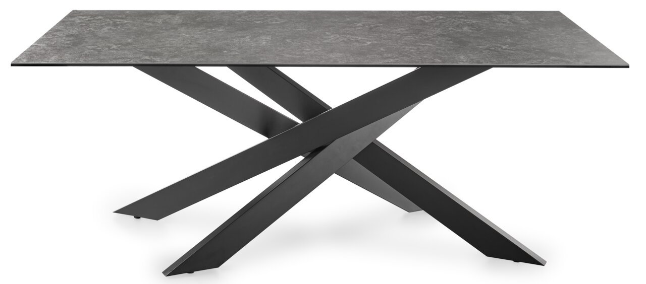 Moderne eettafel met een zwart, gekruist metalen onderstel en een grijs tafelblad, gezien vanaf de zijkant
