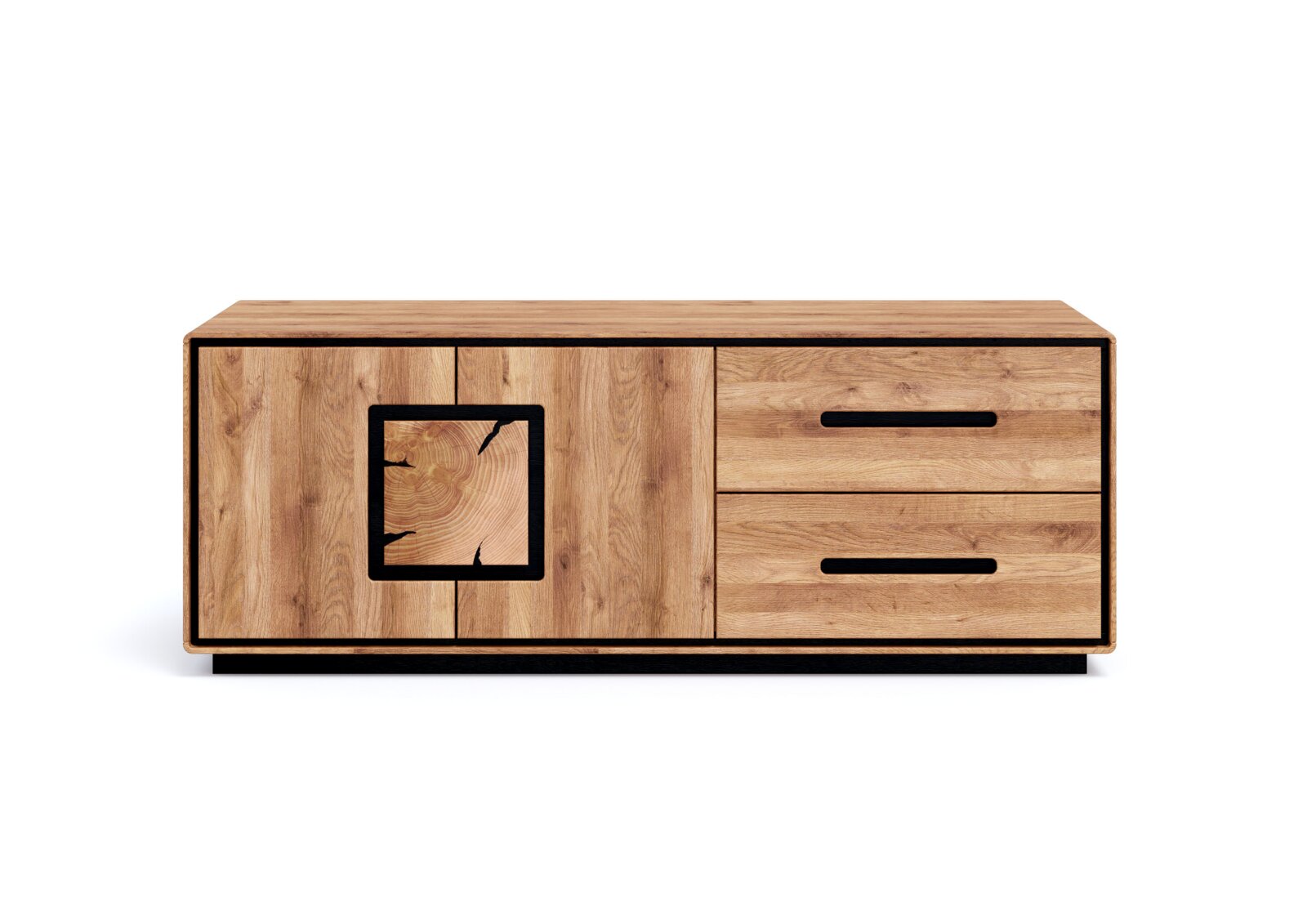 Vooraanzicht van een laag dressoir van licht hout met een zwart frame, twee lades aan de rechterkant met zwarte handgrepen en deuren aan de linkerkant, decoratief vierkant houten element met zwarte rand, vrijstaand op een witte achtergrond