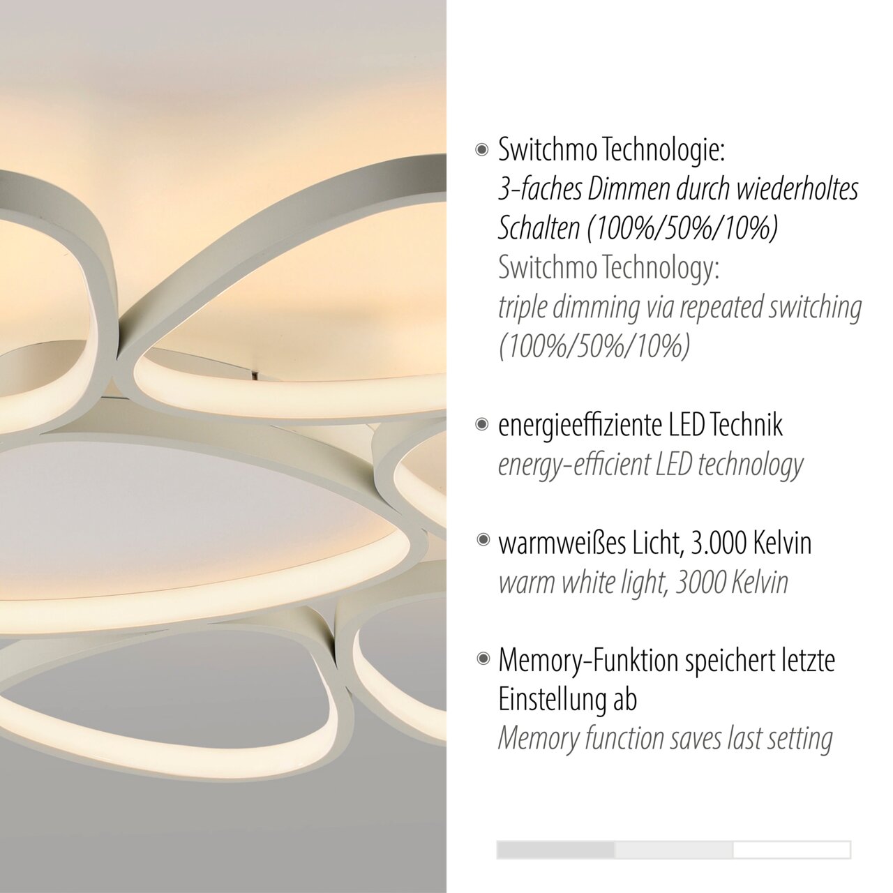 Moderne Deckenleuchte mit energieeffizienter LED-Technik, warmweißem Licht bei 3.000 Kelvin und dreifacher Dimmfunktion. Perspektive von unten.