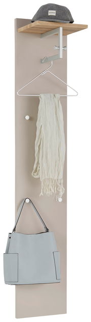Garderobenpaneel in Frontalansicht mit Hutablage, Haken und Kleiderbügel, ideal für Flur oder Eingangsbereich.