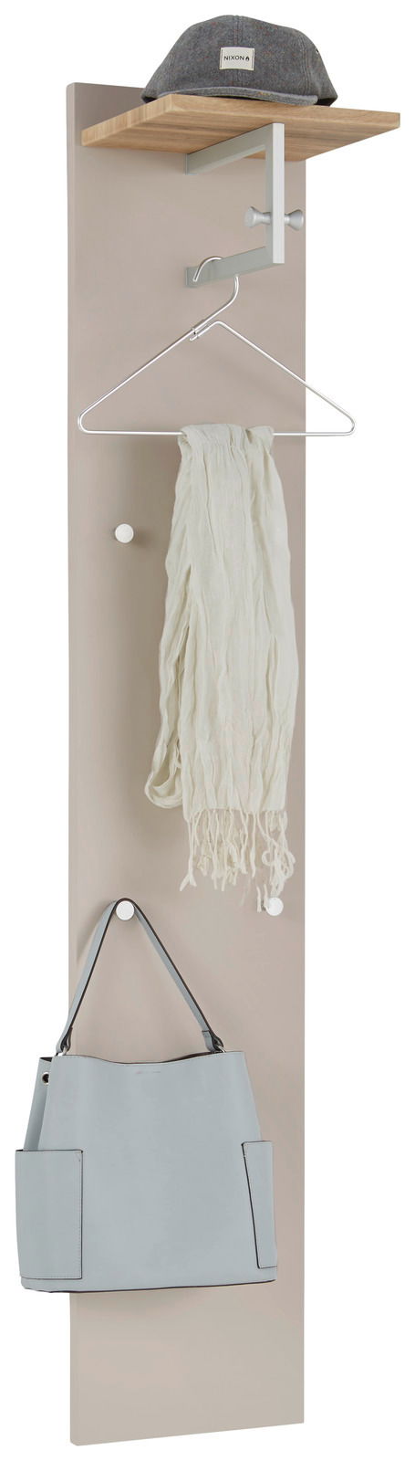 Garderobenpaneel in Frontalansicht mit Hutablage, Haken und Kleiderbügel, ideal für Flur oder Eingangsbereich.