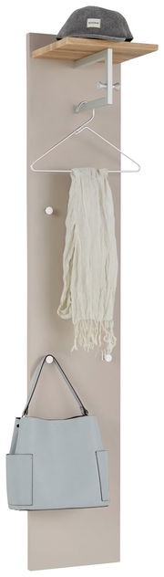 Garderobenpaneel in Frontalansicht mit Hutablage, Haken und Kleiderbügel, ideal für Flur oder Eingangsbereich.
