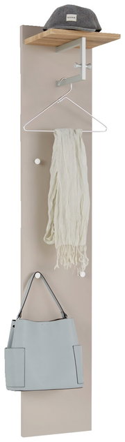 Garderobenpaneel in Frontalansicht mit Hutablage, Haken und Kleiderbügel, ideal für Flur oder Eingangsbereich.