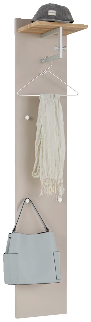Garderobenpaneel in Frontalansicht mit Hutablage, Haken und Kleiderbügel, ideal für Flur oder Eingangsbereich.