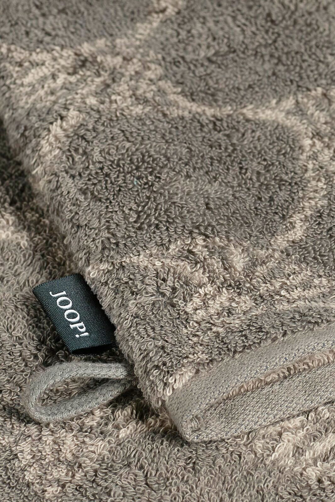 Grauer Waschhandschuh mit feiner Struktur und Schlaufe, Nahaufnahme