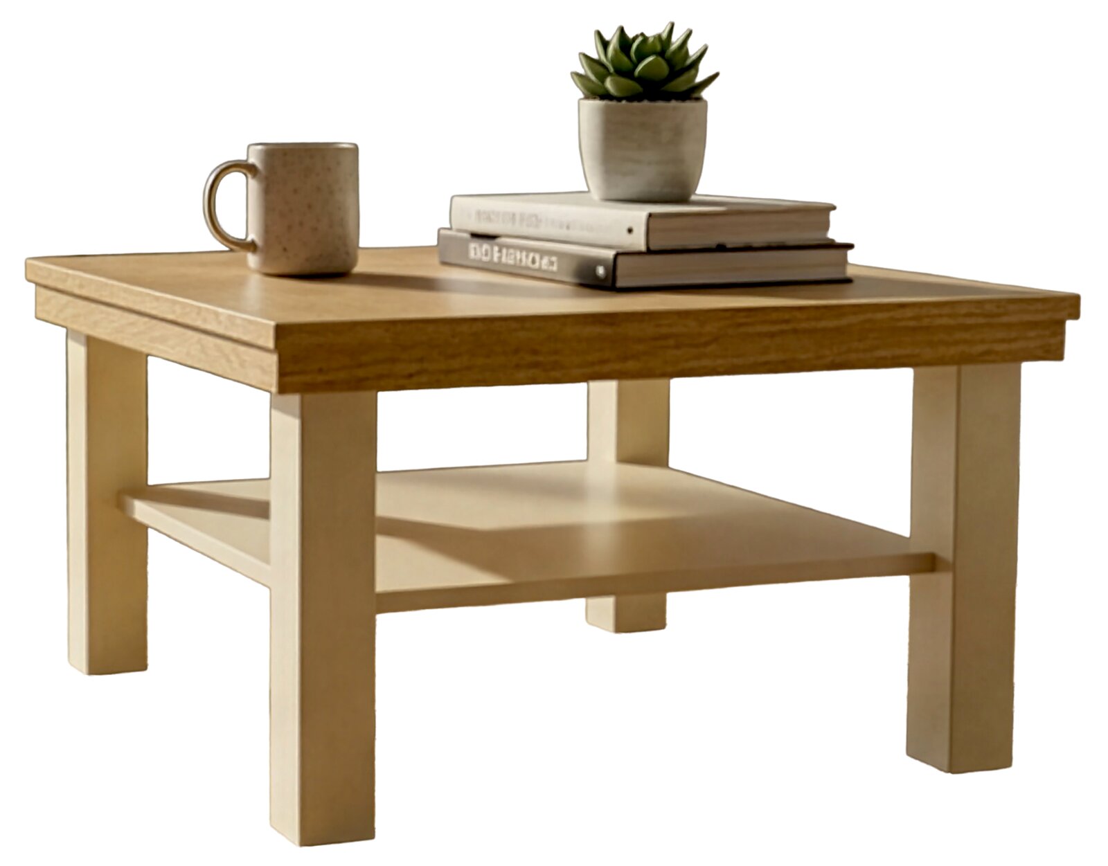 Rechteckiger Couchtisch aus hellem Holz mit Ablageboden, darauf Tasse, Bücherstapel und kleine Sukkulente; Ansicht schräg von vorne leicht erhöht