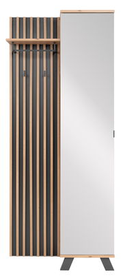 Moderne Garderobe mit Holz- und Metallelementen, frontal abgebildet. Links vertikale Holzlatten mit Haken, rechts ein großer Spiegel.