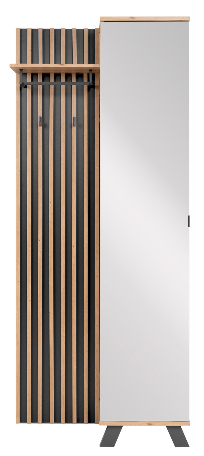 Moderne Garderobe mit Holz- und Metallelementen, frontal abgebildet. Links vertikale Holzlatten mit Haken, rechts ein großer Spiegel.