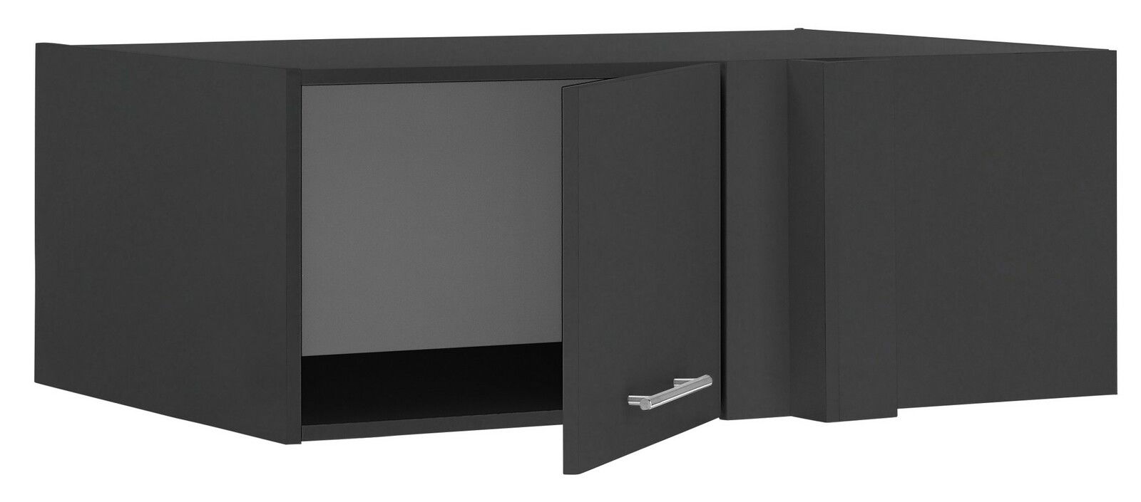 XORA Aufsatz Eckschrank PRIMUS Schwarzer Eckschrankaufsatz mit geöffneter Tür, perspektivische Ansicht von vorne.