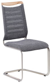 Freischwinger-Stuhl mit grauem Stoffbezug und Metallgestell, seitliche Perspektive