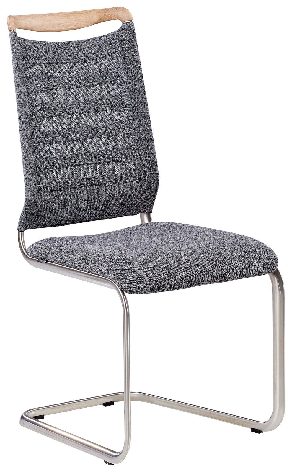 Freischwinger-Stuhl mit grauem Stoffbezug und Metallgestell, seitliche Perspektive