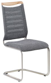 Freischwinger-Stuhl mit grauem Stoffbezug und Metallgestell, seitliche Perspektive