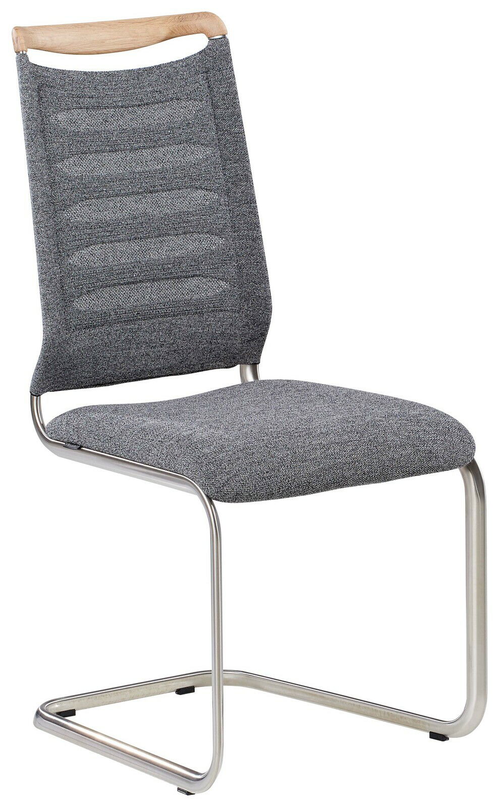 Freischwinger-Stuhl mit grauem Stoffbezug und Metallgestell, seitliche Perspektive