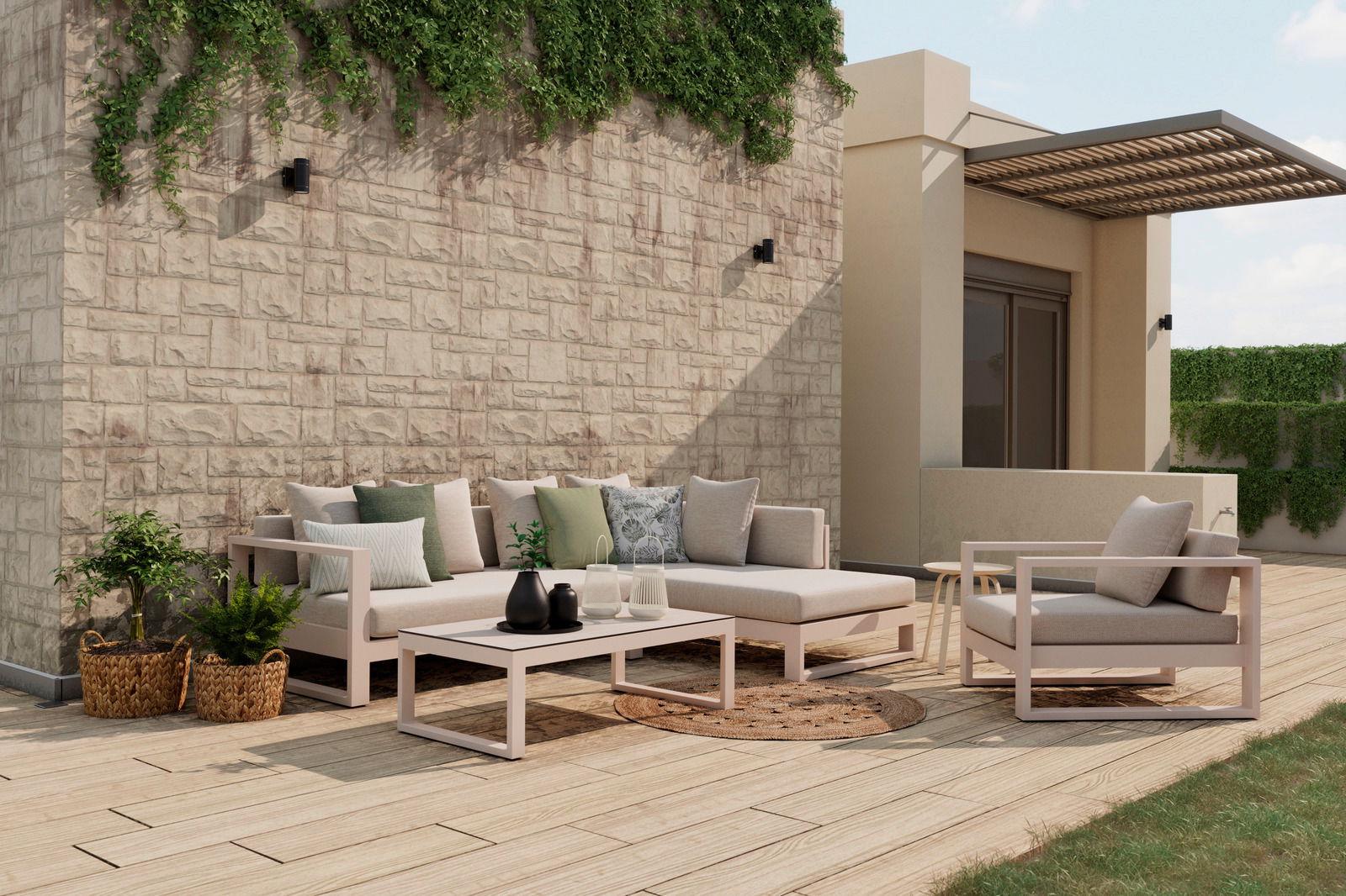 Modernes Lounge-Set auf einer Terrasse mit Blick von vorne, bestehend aus einem Ecksofa und einem Sessel, umgeben von Pflanzen und dekorativen Kissen.