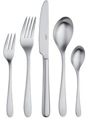 Besteck-Set aus Edelstahl, bestehend aus Gabel, Messer, Löffel, Dessertgabel und Teelöffel, in Frontalansicht.