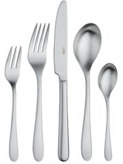 Besteck-Set aus Edelstahl, bestehend aus Gabel, Messer, Löffel, Dessertgabel und Teelöffel, in Frontalansicht.