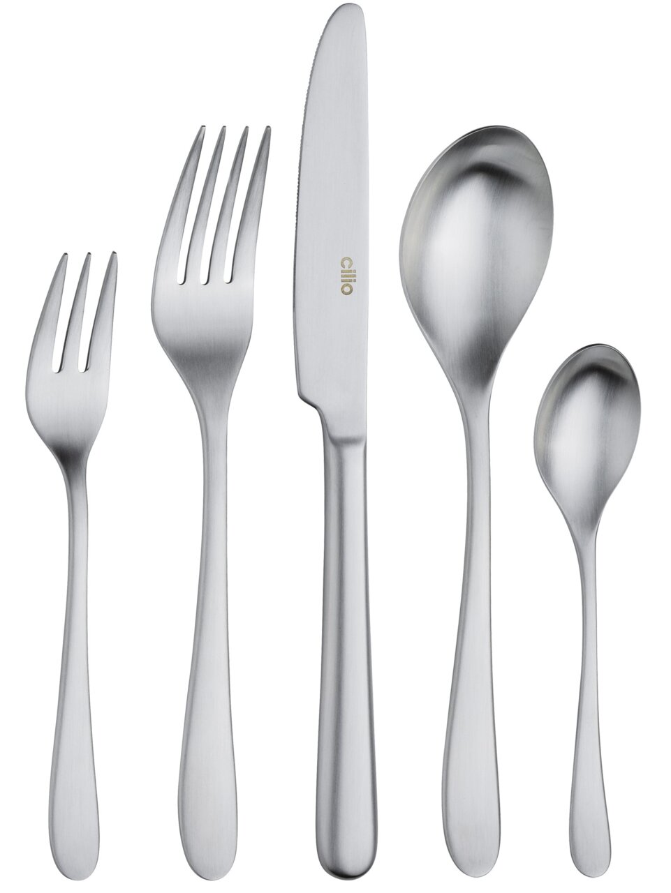Cilio Besteck-Set 30-tlg. FIRENZE Besteck-Set aus Edelstahl, bestehend aus Gabel, Messer, Löffel, Dessertgabel und Teelöffel, in Frontalansicht.
