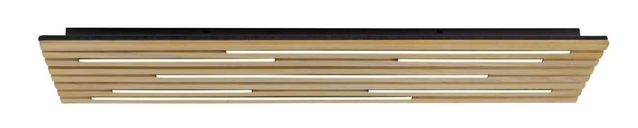 LED-Deckenleuchte aus Holz mit horizontalen Streifen, seitliche Perspektive