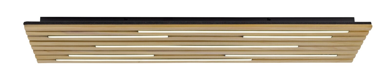 LED-Deckenleuchte aus Holz mit horizontalen Streifen, seitliche Perspektive