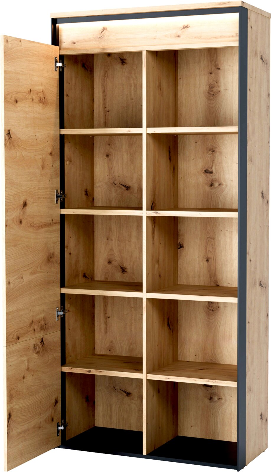 Hoher zweitüriger Schrank in natürlicher Holzoptik mit dunklem Metallrahmen und zahlreichen Innenfächern, aus schräger Vorderansicht mit geöffneter linker Tür
