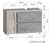 Waschbeckenunterschrank in Holzoptik mit grauen Schubladen, rechte Perspektive, Maße: 85 cm Breite, 54 cm Höhe, 35 cm Tiefe.