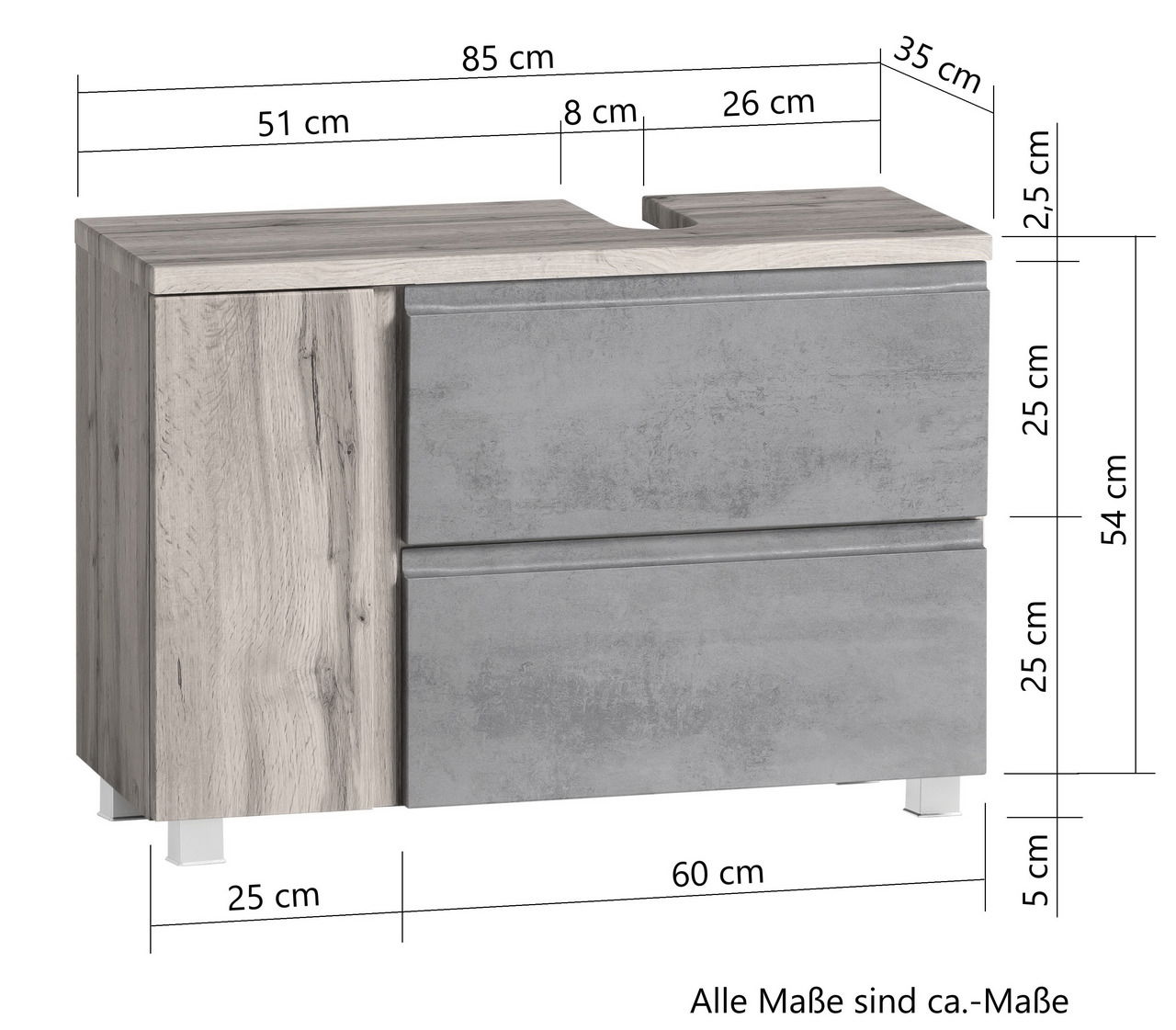 Waschbeckenunterschrank in Holzoptik mit grauen Schubladen, rechte Perspektive, Maße: 85 cm Breite, 54 cm Höhe, 35 cm Tiefe.