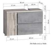 Waschbeckenunterschrank in Holzoptik mit grauen Schubladen, rechte Perspektive, Maße: 85 cm Breite, 54 cm Höhe, 35 cm Tiefe.